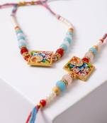 set of 2 multicolor artificial beads bhaiya bhabhi rakhi with roli chawal chandan