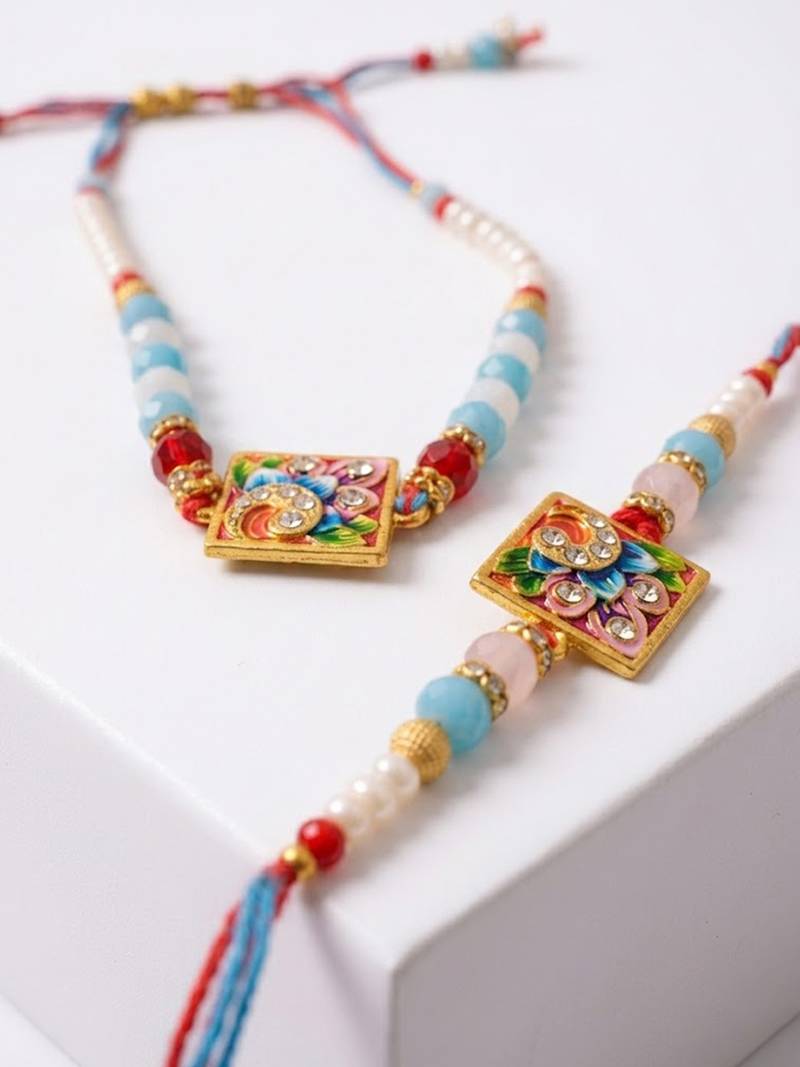 set of 2 multicolor artificial beads bhaiya bhabhi rakhi with roli chawal chandan