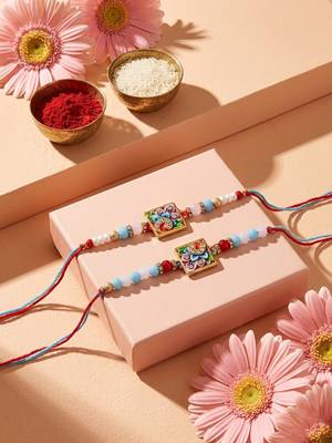 set of 2 multicolor artificial beads bhaiya bhabhi rakhi with roli chawal chandan 2