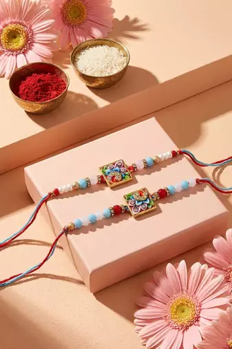 set of 2 multicolor artificial beads bhaiya bhabhi rakhi with roli chawal chandan