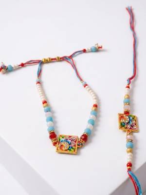 set of 2 multicolor artificial beads bhaiya bhabhi rakhi with roli chawal chandan 3
