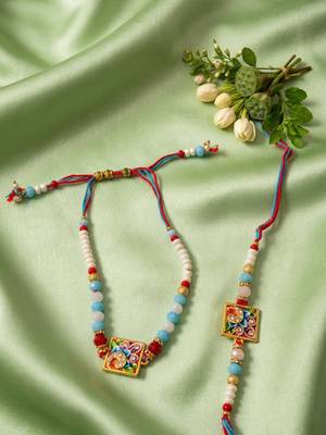 set of 2 multicolor artificial beads bhaiya bhabhi rakhi with roli chawal chandan 4