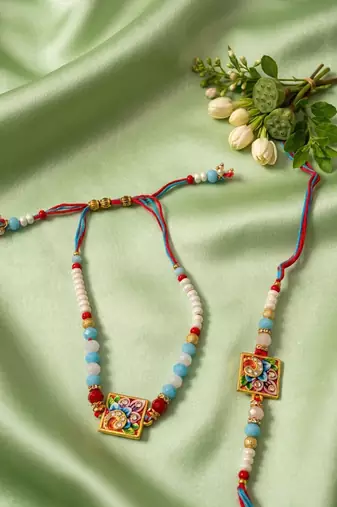 set of 2 multicolor artificial beads bhaiya bhabhi rakhi with roli chawal chandan