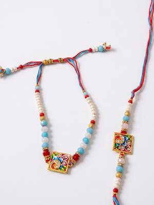 set of 2 multicolor artificial beads bhaiya bhabhi rakhi with roli chawal chandan 5