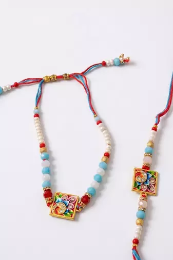 set of 2 multicolor artificial beads bhaiya bhabhi rakhi with roli chawal chandan