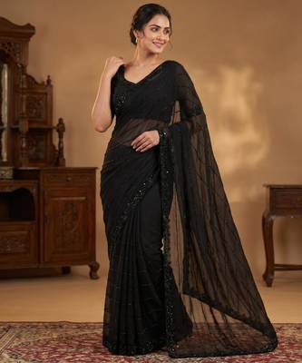 Black georgette embroidered saree with beads 1