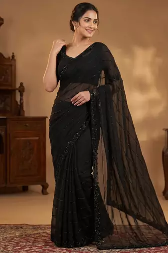Black georgette embroidered saree with beads