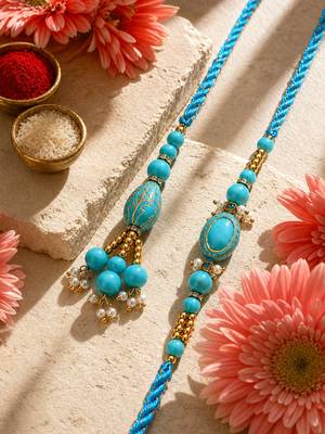 set of 2 turquoise blue artificial beads bhaiya bhabhi rakhi with roli chawal chandan 2