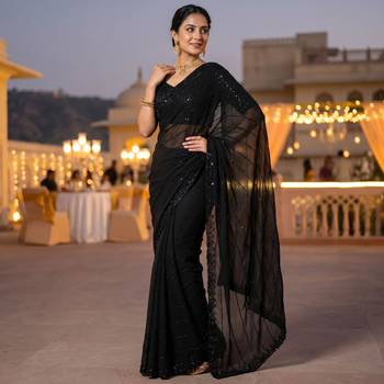 Black georgette embroidered saree with beads 2