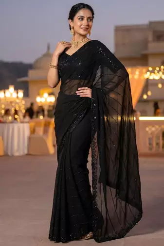 Black georgette embroidered saree with beads
