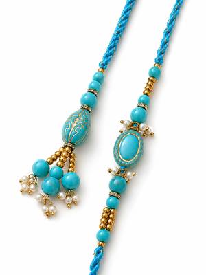 set of 2 turquoise blue artificial beads bhaiya bhabhi rakhi with roli chawal chandan 3