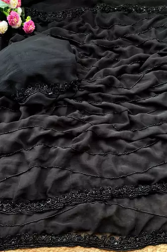 Black georgette embroidered saree with beads