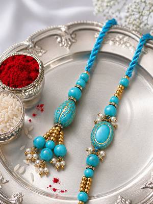 set of 2 turquoise blue artificial beads bhaiya bhabhi rakhi with roli chawal chandan 4