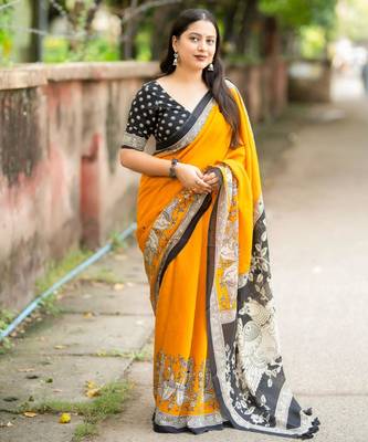 yellow art silk woven saree with floral print 1