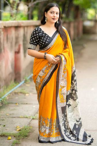 yellow art silk woven saree with floral print