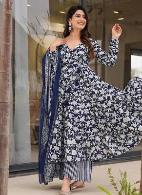 Floral printed muslin v neck dark-blue anarkali set 1