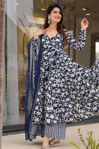 Floral printed muslin v neck dark-blue anarkali set