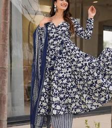 Floral printed muslin v neck dark-blue anarkali set
