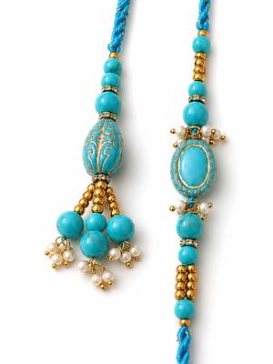 set of 2 turquoise blue artificial beads bhaiya bhabhi rakhi with roli chawal chandan 5
