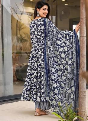 Floral printed muslin v neck dark-blue anarkali set 2