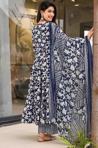 Floral printed muslin v neck dark-blue anarkali set