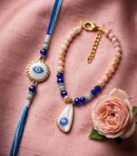 set of 2 gold toned evil eye beaded bhaiya bhabhi rakhi with roli chawal chandan