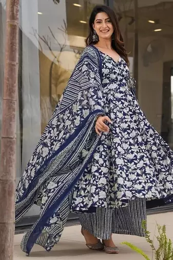 Floral printed muslin v neck dark-blue anarkali set