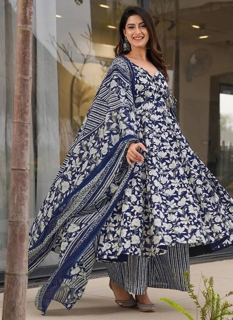 Floral printed muslin v neck dark-blue anarkali set