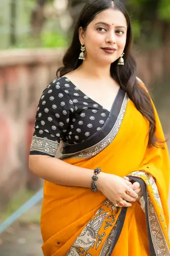 yellow art silk woven saree with floral print