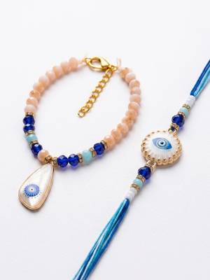 set of 2 gold toned evil eye beaded bhaiya bhabhi rakhi with roli chawal chandan 3