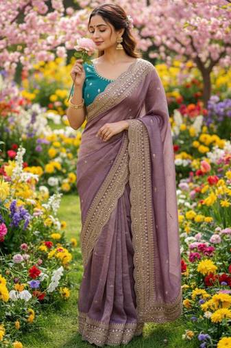 Purple chiffon embroidered saree with sequins work