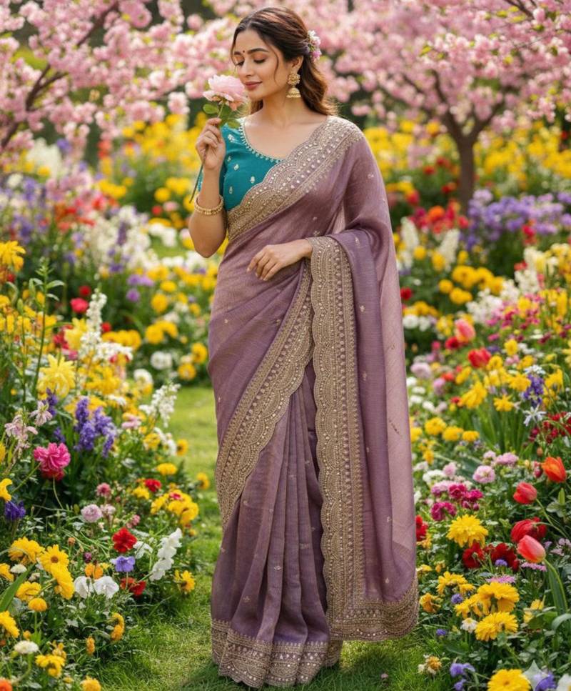 Purple chiffon embroidered saree with sequins work
