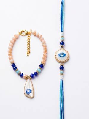 set of 2 gold toned evil eye beaded bhaiya bhabhi rakhi with roli chawal chandan 5
