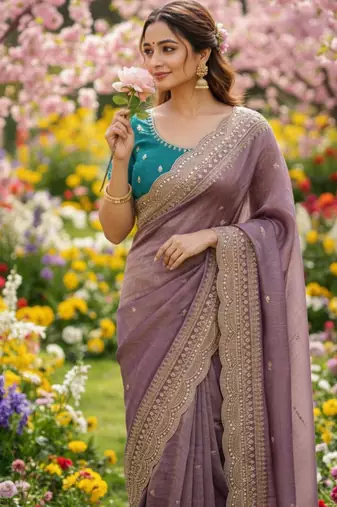 Purple chiffon embroidered saree with sequins work