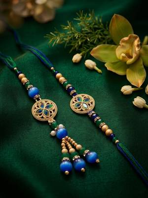 set of 2 blue artificial beads morpankh style bhaiya bhabhi rakhi with roli chawal 1