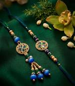 set of 2 blue artificial beads morpankh style bhaiya bhabhi rakhi with roli chawal