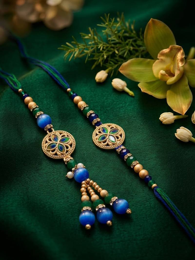 set of 2 blue artificial beads morpankh style bhaiya bhabhi rakhi with roli chawal