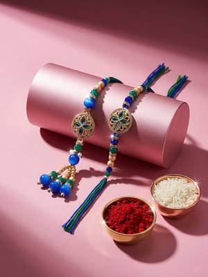 set of 2 blue artificial beads morpankh style bhaiya bhabhi rakhi with roli chawal 2