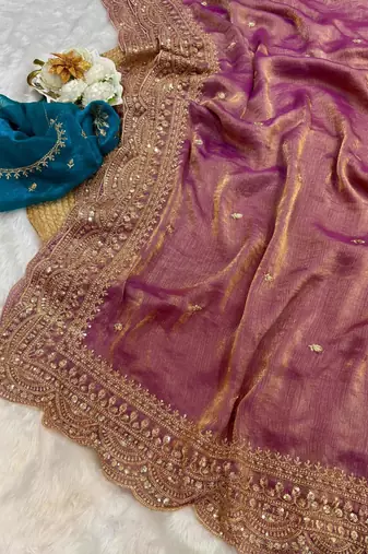Purple chiffon embroidered saree with sequins work