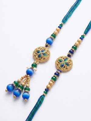 set of 2 blue artificial beads morpankh style bhaiya bhabhi rakhi with roli chawal 3
