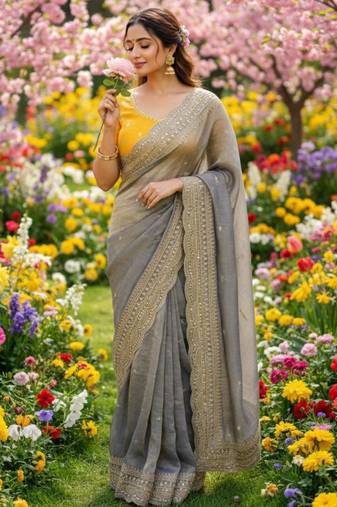 Grey chiffon embroidered saree with sequins work