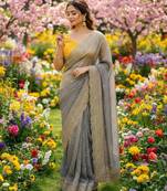 Grey chiffon embroidered saree with sequins work