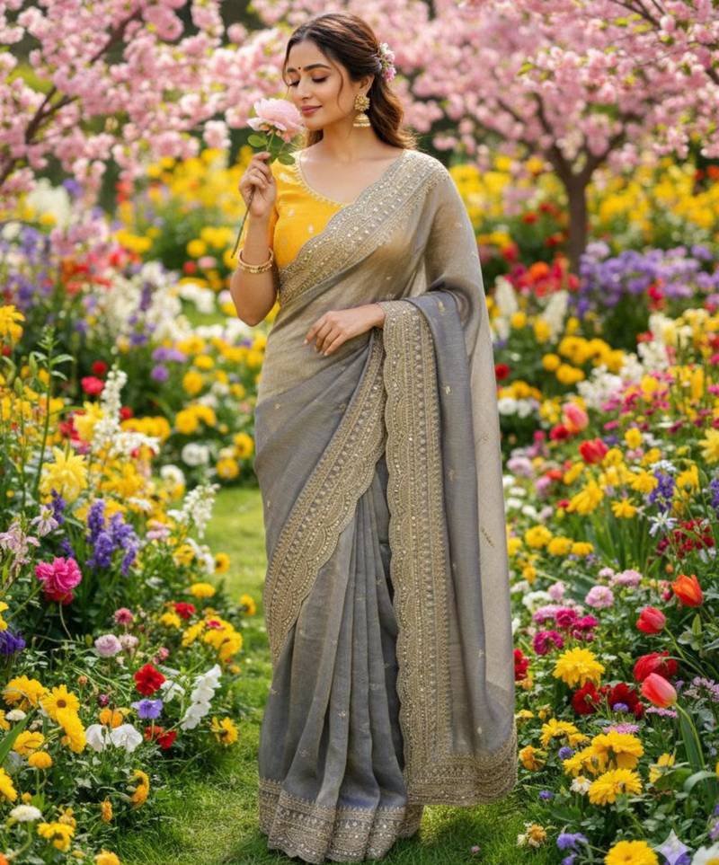 Grey chiffon embroidered saree with sequins work