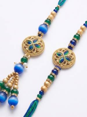 set of 2 blue artificial beads morpankh style bhaiya bhabhi rakhi with roli chawal 4