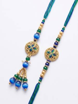 set of 2 blue artificial beads morpankh style bhaiya bhabhi rakhi with roli chawal 5