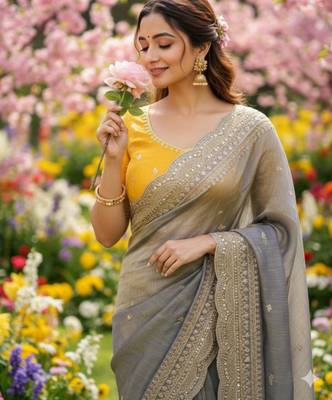 Grey chiffon embroidered saree with sequins work 2