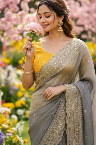Grey chiffon embroidered saree with sequins work