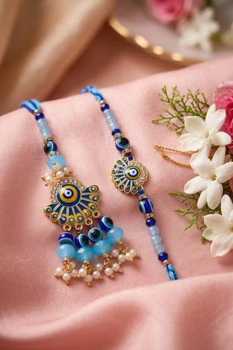 set of 2 blue evil eye artificial beads bhaiya bhabhi rakhi with roli chawal
