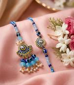 set of 2 blue evil eye artificial beads bhaiya bhabhi rakhi with roli chawal