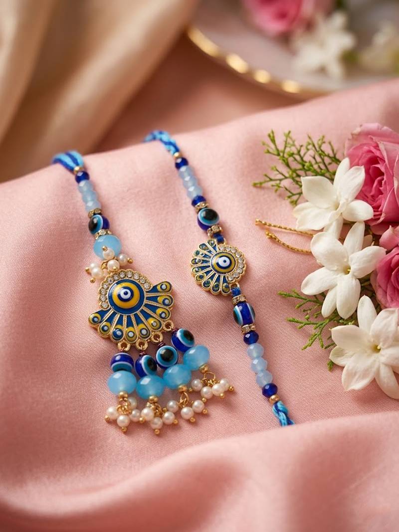 set of 2 blue evil eye artificial beads bhaiya bhabhi rakhi with roli chawal